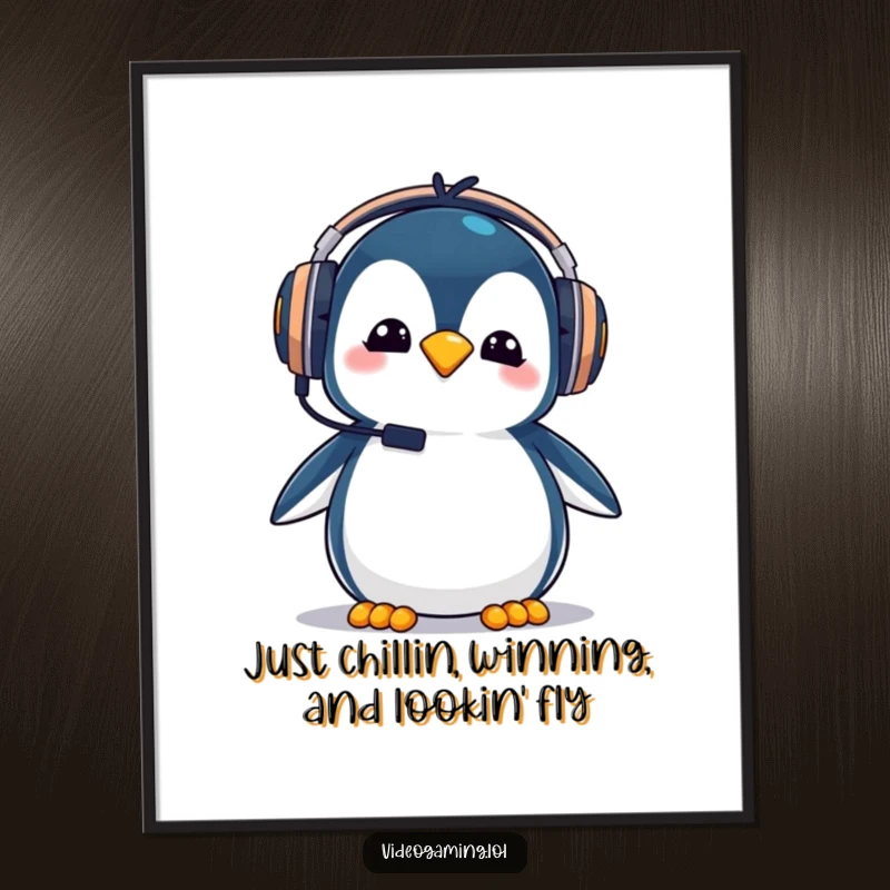 Funny Free Printable Wall Art: Silly penguin wearing oversized gaming headphones, looking goofy and ready for game time.