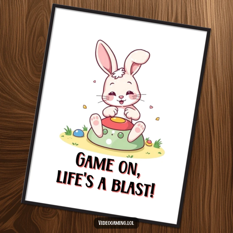 Funny Free Printable Wall Art: An energetic bouncing bunny completely absorbed in a colorful, captivating video game, ready to decorate.