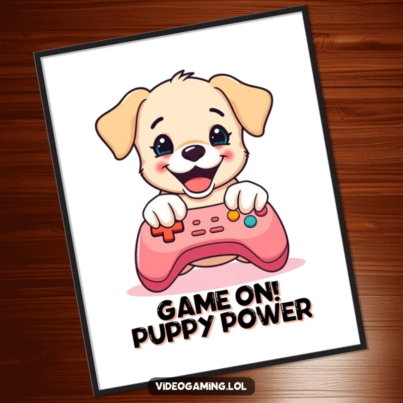 Funny Free Printable Wall Art: Delighted puppy intently mashing buttons on a vibrant game controller, gamer vibes.
