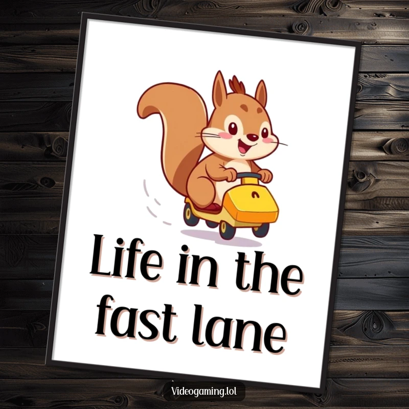 Funny Free Printable Wall Art: Energetic squirrel racing a vehicle on screen, a dynamic and humorous piece.