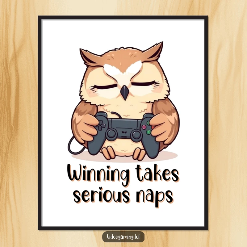 Funny Free Printable Wall Art: A tired owl peacefully napping, a video game controller resting on its chest, adding cozy gamer vibes.