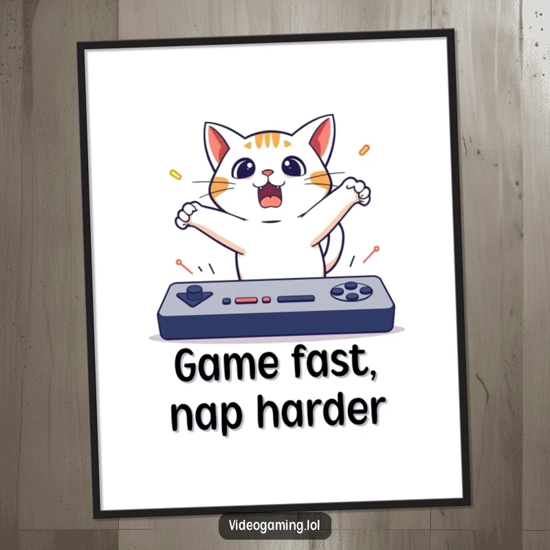 Funny Free Printable Wall Art: Cat comically leaping back from a screen, surprised by a fast-paced video game.