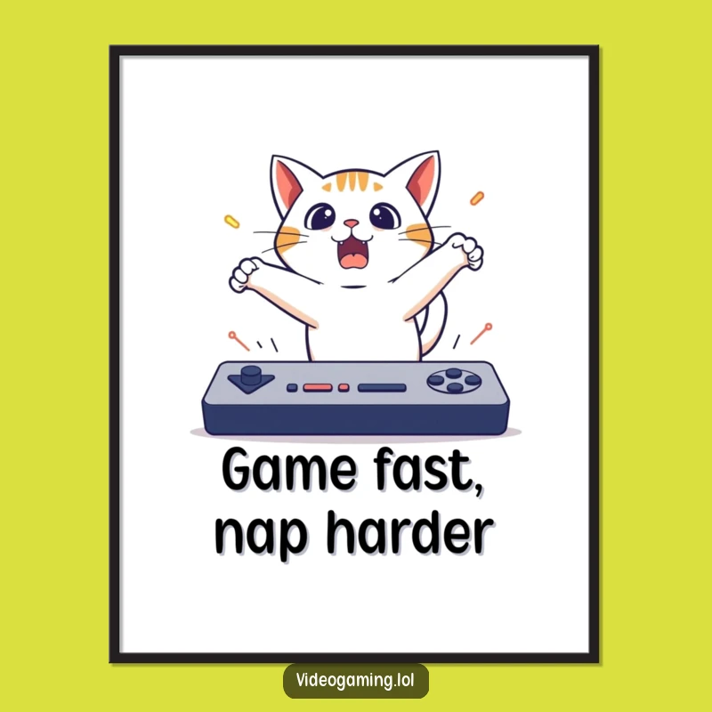 Funny Free Printable Wall Art: Surprised Cat Gamer, Fast Game Reaction, Downloadable Decor