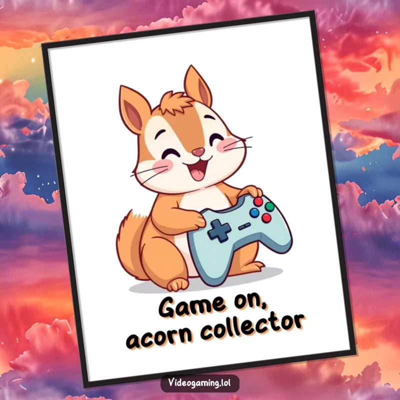 Funny Free Printable Wall Art: A happy squirrel with intense focus mashes controller buttons, bringing gamer humor to your walls.