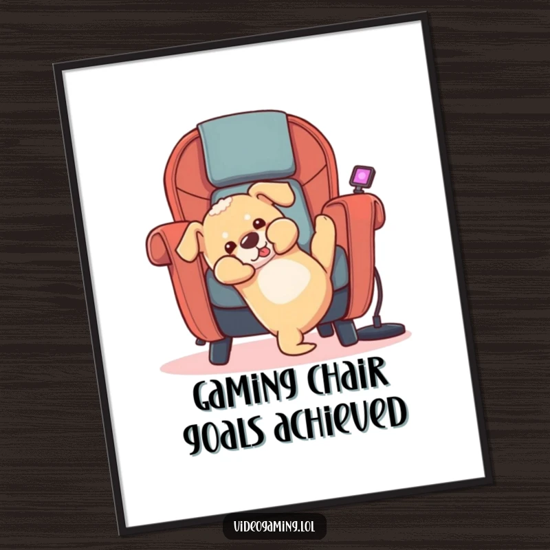 Funny free printable wall art: A cartoon puppy dramatically falling backwards from a gaming chair, captured in a moment of hilarious chaos.