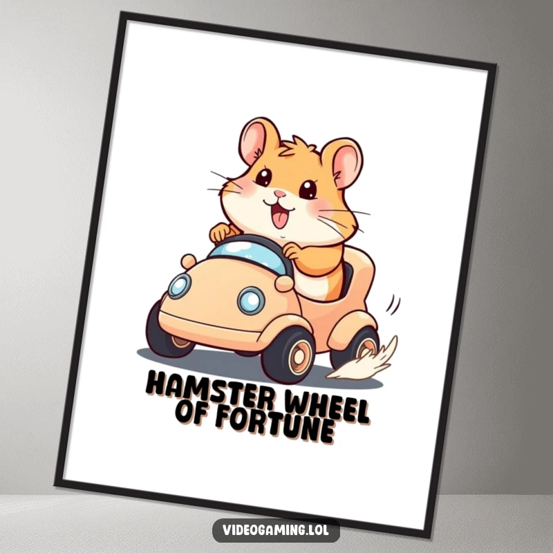 Funny Free Printable Wall Art: Determined happy hamster speeding in a tiny vehicle, cartoon style, energetic decor.