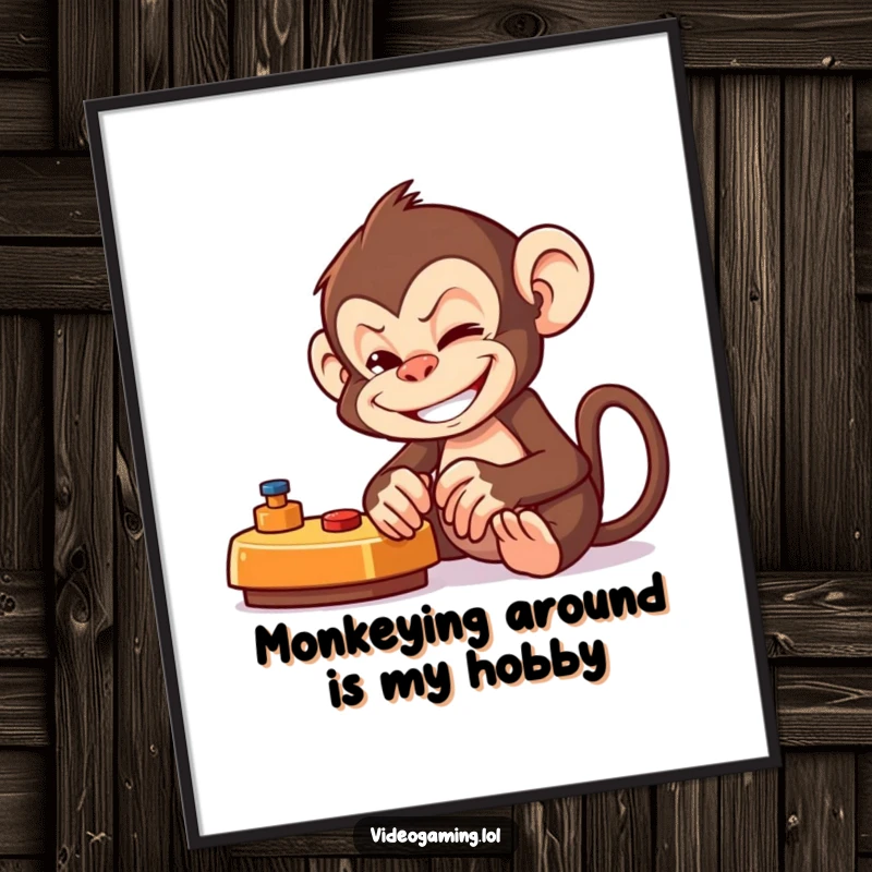 Funny Free Printable Wall Art: Mischievous monkey with a huge grin intensely focused on a video game, perfect decor.
