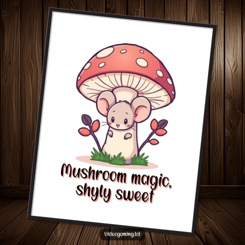 Funny Free Printable Wall Art: A timid mouse peeking from behind a colossal pixelated mushroom, creating a humorous, intriguing scene.