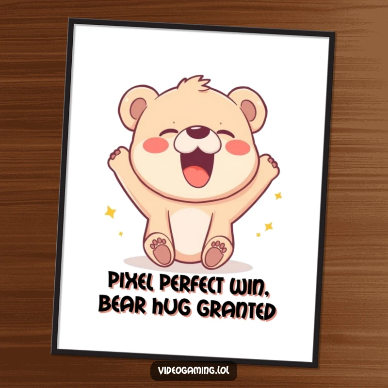 Funny Free Printable Wall Art: Joyful bear cub watching a pixelated character win, creating a humorous scene.