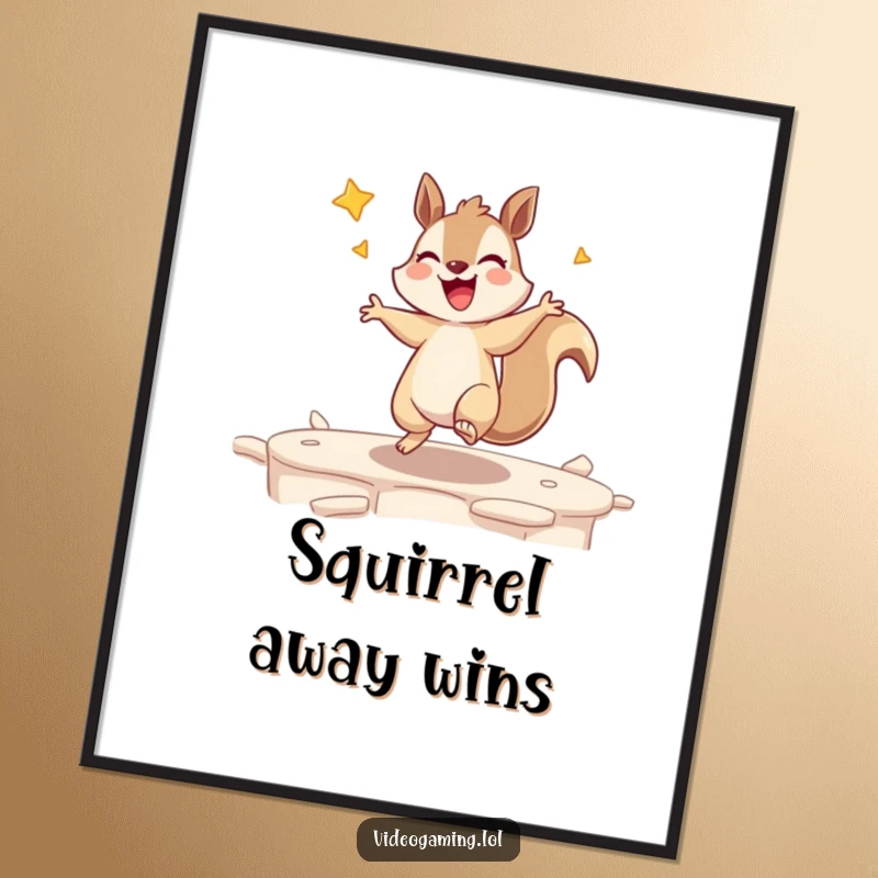 Funny Free Printable Wall Art: A giggling squirrel dancing ecstatically after winning a video game level, energetic and fun.