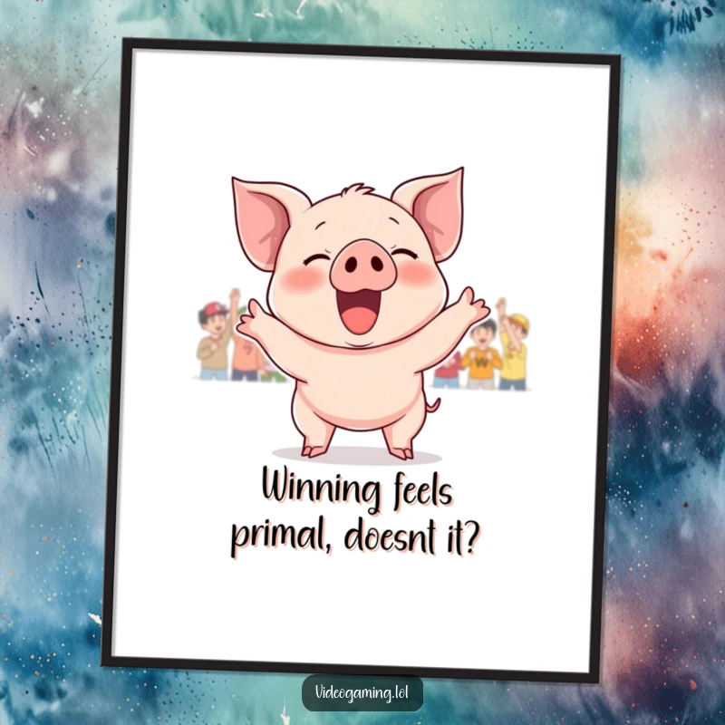 Funny Free Printable Wall Art: A gleeful piglet shouts with joy, celebrating a triumphant game victory.