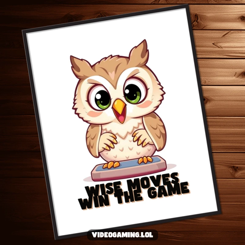 Funny free printable wall art: A joyful owl intensely plays a video game with wide, extremely focused eyes.