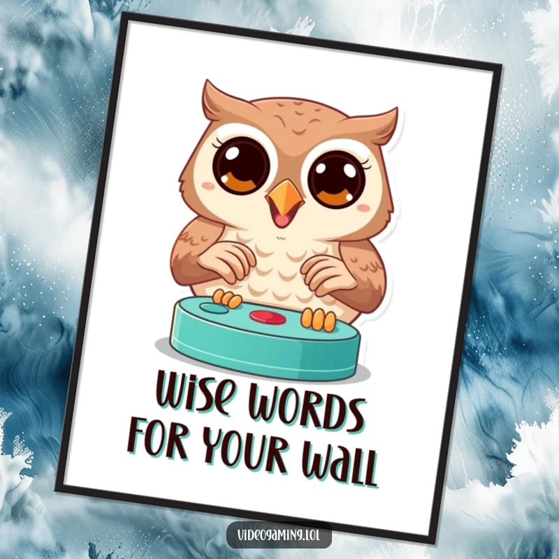 Funny Free Printable Wall Art: Joyful owl intensely plays video games with wide, focused eyes, a perfect gamer's delight.