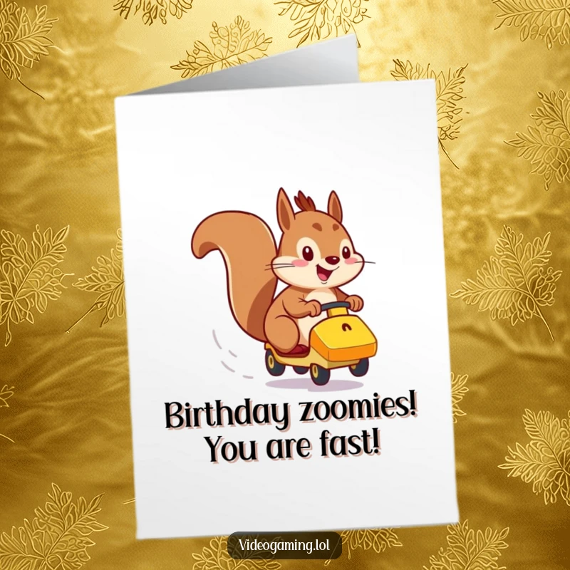 Funny Free Printable Birthday Card: Energetic squirrel racing a small vehicle on a screen, full of speed.