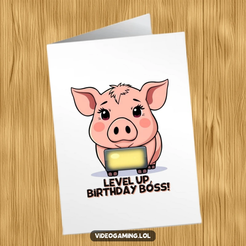 Funny Free Printable Birthday Card: A determined pig staring intently at a glowing screen, focused on winning the game.