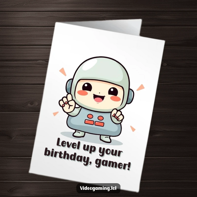 Funny Free Printable Birthday Card: Smiling character rapidly pressing game buttons, celebrating a birthday with gamer humor.