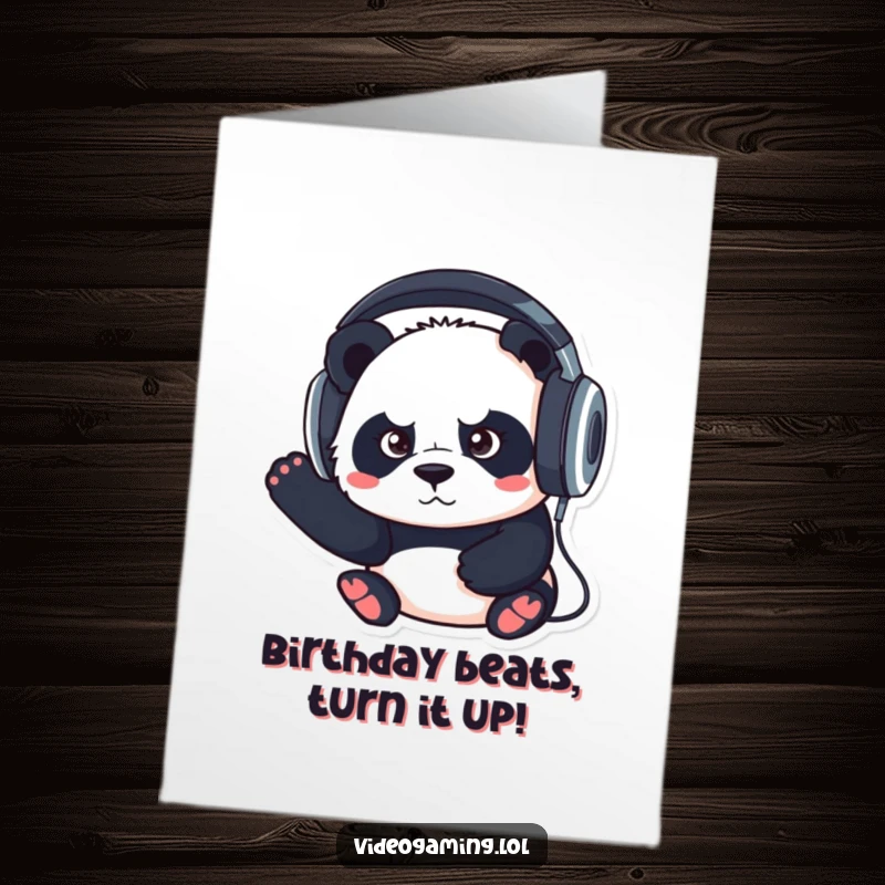 Funny Free Printable Birthday Card: Panda wearing oversized headphones, looking focused, celebrating a birthday, a downloadable gift for music fans.