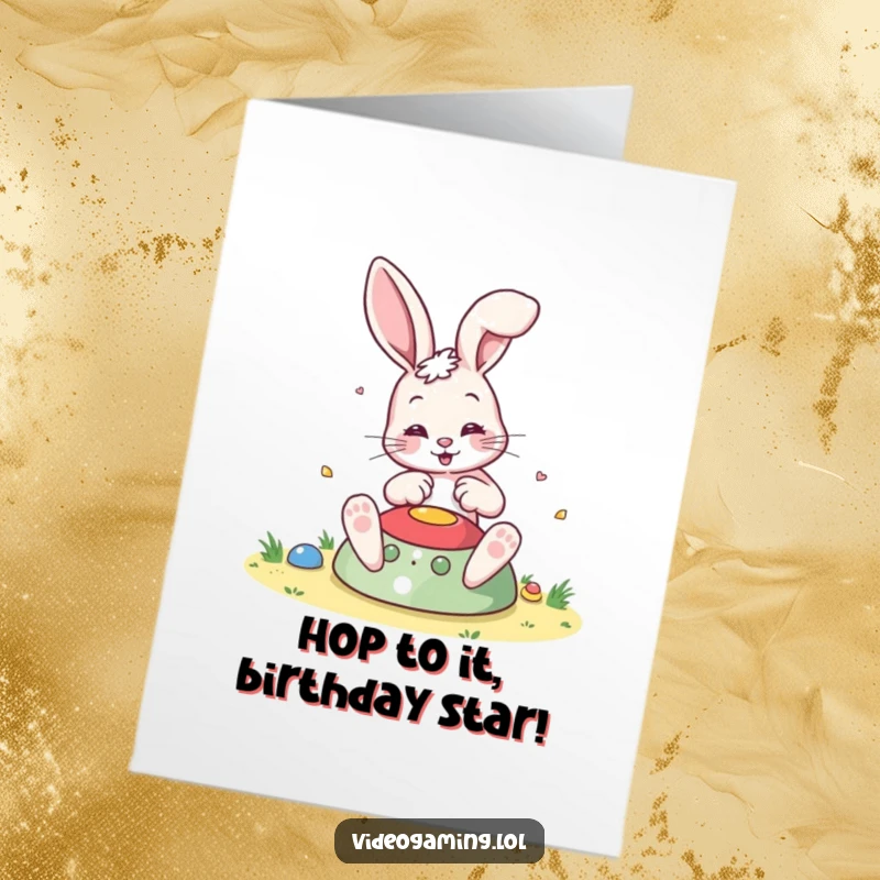 Funny Free Printable Birthday Card: A bouncing bunny engrossed in a colorful video game, ready to celebrate.