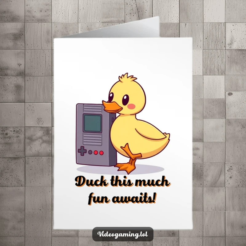 Funny free printable birthday card featuring a wobbly duck struggling to balance a retro video game cartridge, looking determined.