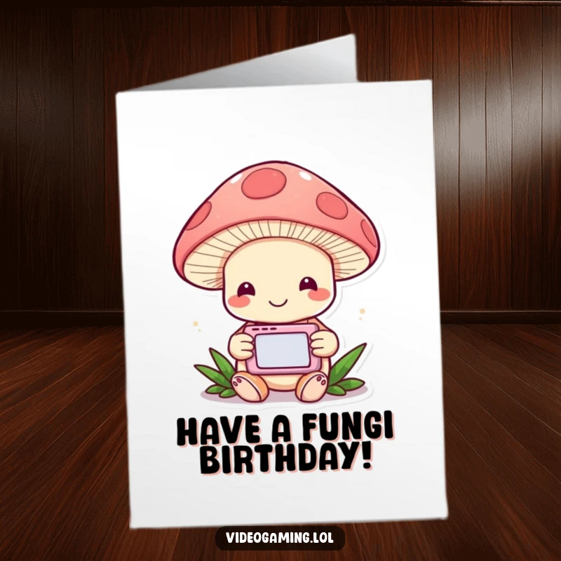 Funny Free Printable Birthday Card: A cheerful mushroom happily plays a handheld game device, engrossed in fun.