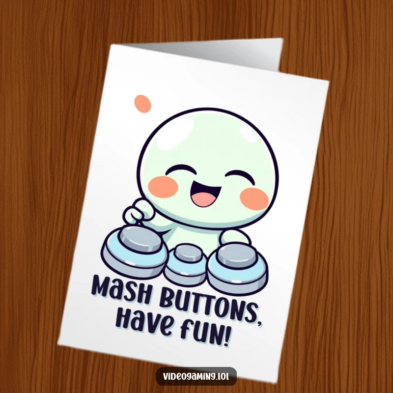 Funny Free Printable Birthday Card: A character laughs heartily while enthusiastically mashing buttons with pure, unbridled joy.
