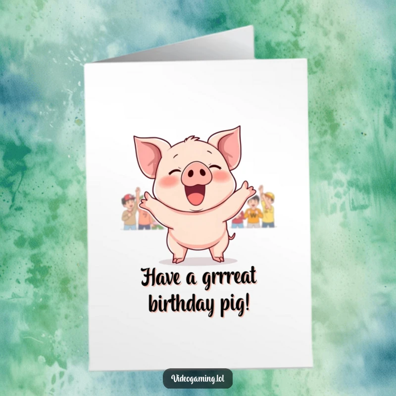 Funny Free Printable Birthday Card of a jubilant piglet exclaiming victory with a loud, happy cheer.