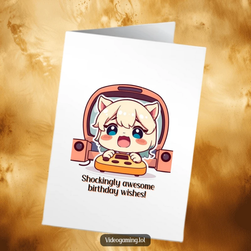 Funny Free Printable Birthday Card: Delighted character with a shocked expression reacting to their game, perfect for birthdays.