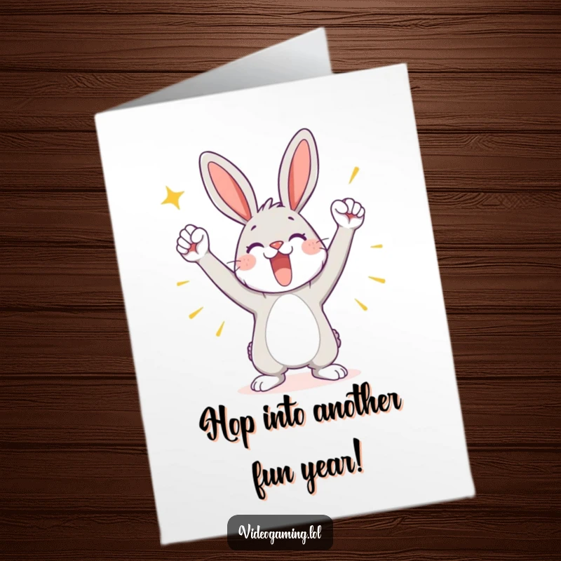 Funny Free Printable Birthday Card: Playful bunny striking a triumphant pose, celebrating a birthday, a joyful downloadable message.