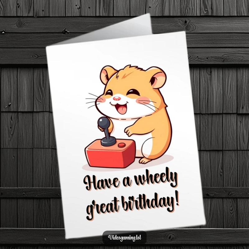 Funny Free Printable Birthday Card: A giggling hamster enthusiastically working a tiny joystick, embodying pure gaming delight.