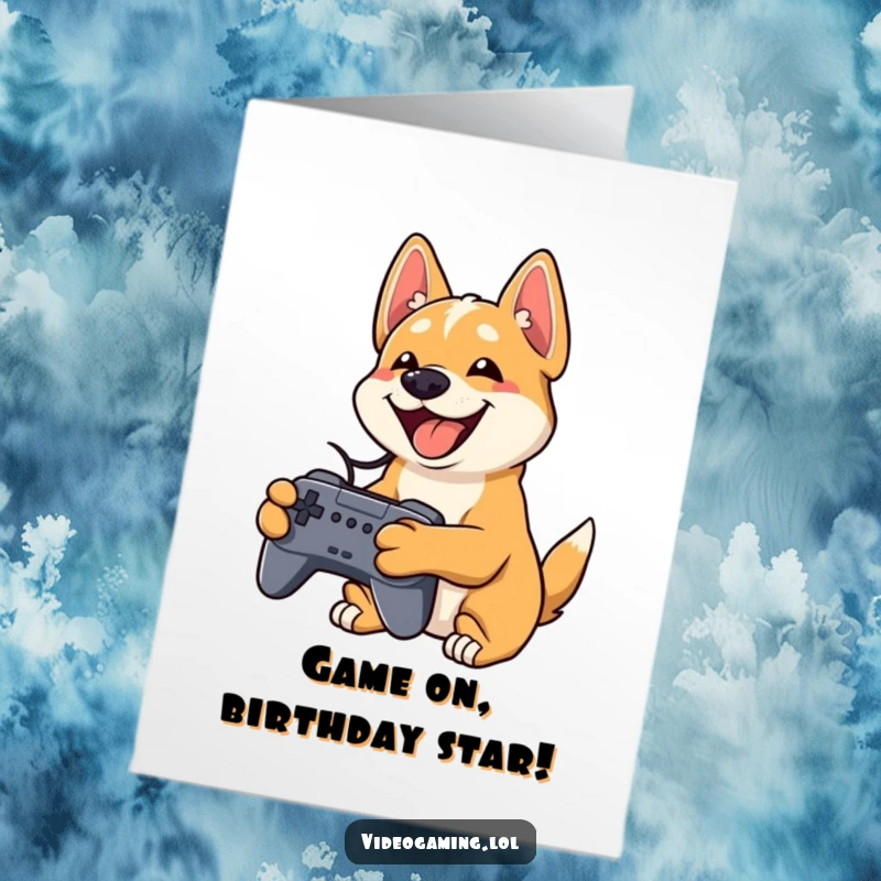 Funny Free Printable Birthday Card: Playful dog grins widely, enthusiastically holding a video game controller, ready to play.
