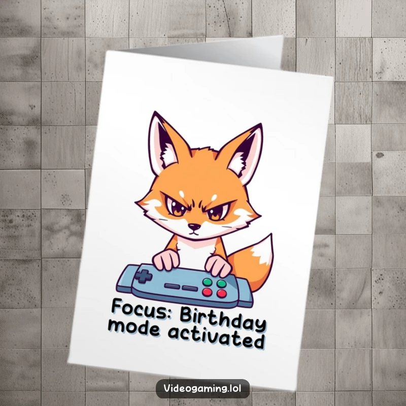 Funny Free Printable Birthday Card: Determined fox intensely staring at a glowing game screen, ready to play.