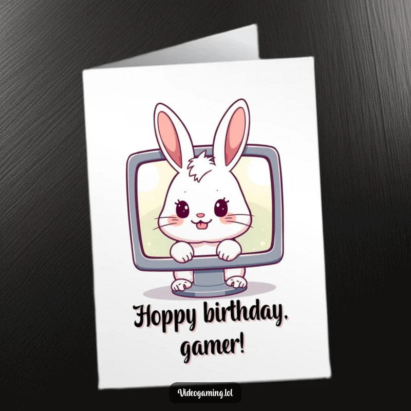 Funny Free Printable Birthday Card: A cheerful rabbit staring intently at a glowing monitor, celebrating gamer birthdays.