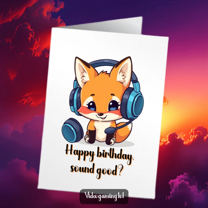 Funny Free Printable Birthday Card: A curious fox inspecting a gaming headset, ideal for gamer birthdays.