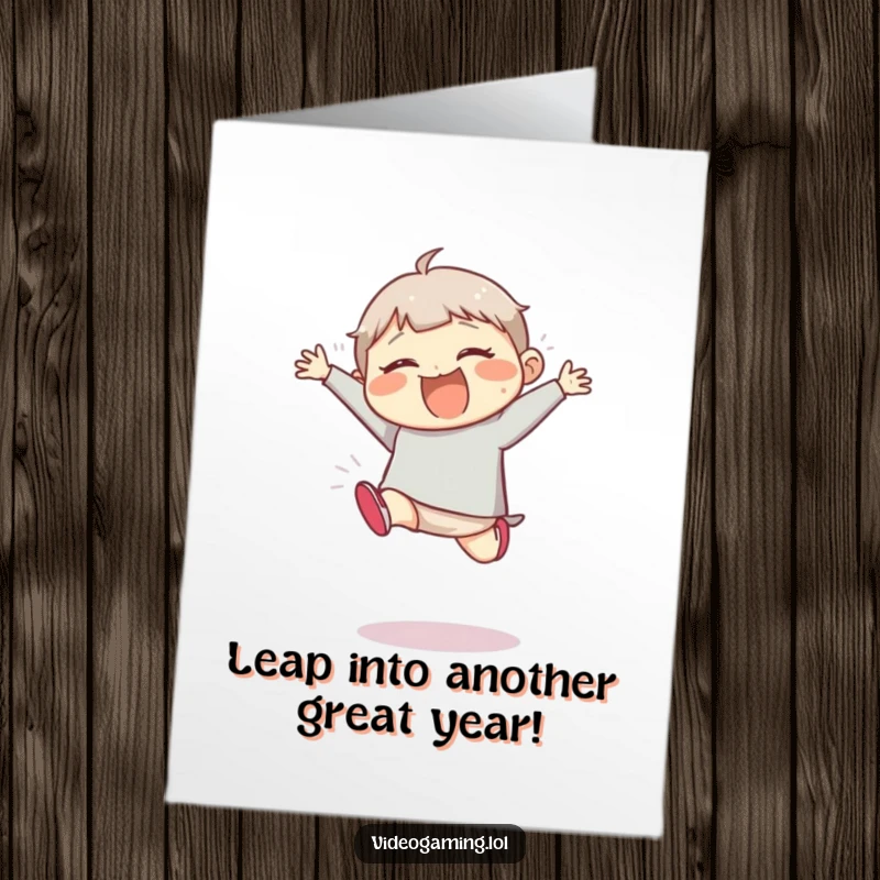 Funny Free Printable Birthday Card: Giggling character takes a wild, clumsy jump, radiating pure joy and silliness.