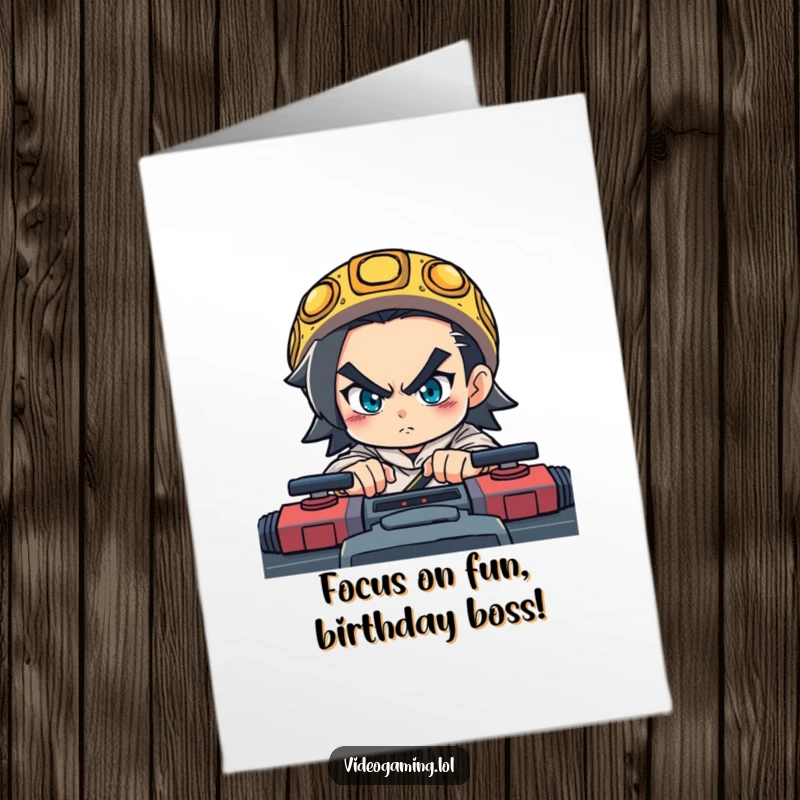 Funny Free Printable Birthday Card: Determined character intensely concentrates on a fast-paced game, eyes locked on victory.