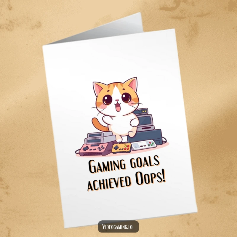 Funny Free Printable Birthday Card: A surprised cat tripping over game consoles, perfect for any gamer's special day.