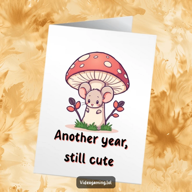 Funny Free Printable Birthday Card: Shy mouse peeking from behind a massive pixelated mushroom, a sweet, humorous scene.