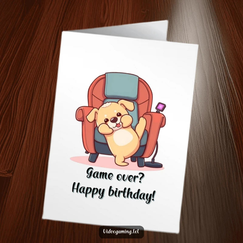 Funny free printable birthday card: A cartoon puppy falling out of a gaming chair, mid-game chaos, downloadable fun.