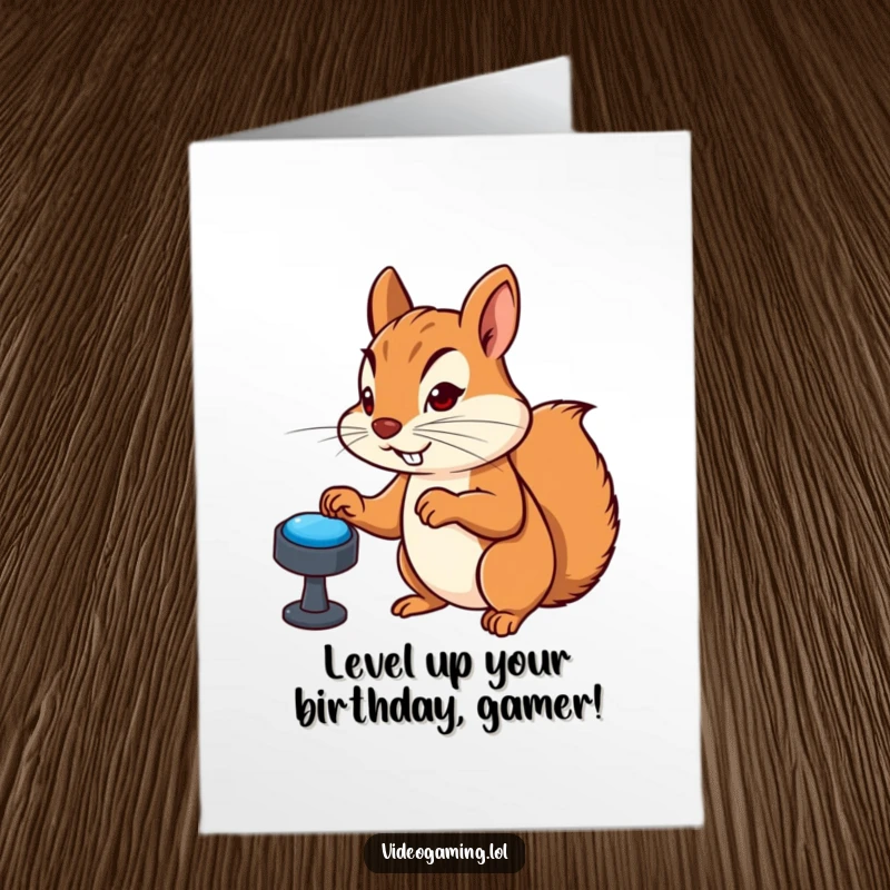 Funny Free Printable Birthday Card: A determined squirrel furiously mashing virtual buttons on a controller, intense gaming focus.