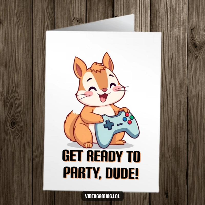 Funny Free Printable Birthday Card: A happy squirrel madly mashes controller buttons, celebrating your birthday with gaming energy.