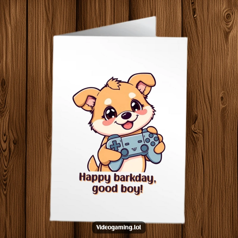 Funny Free Printable Birthday Card: Happy dog intensely playing video games, controller in paw, eyes fixed on screen.