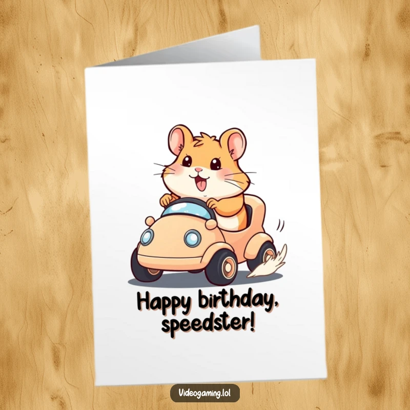 Funny Free Printable Birthday Card: Happy hamster with determined expression racing a tiny kart, full of speed.
