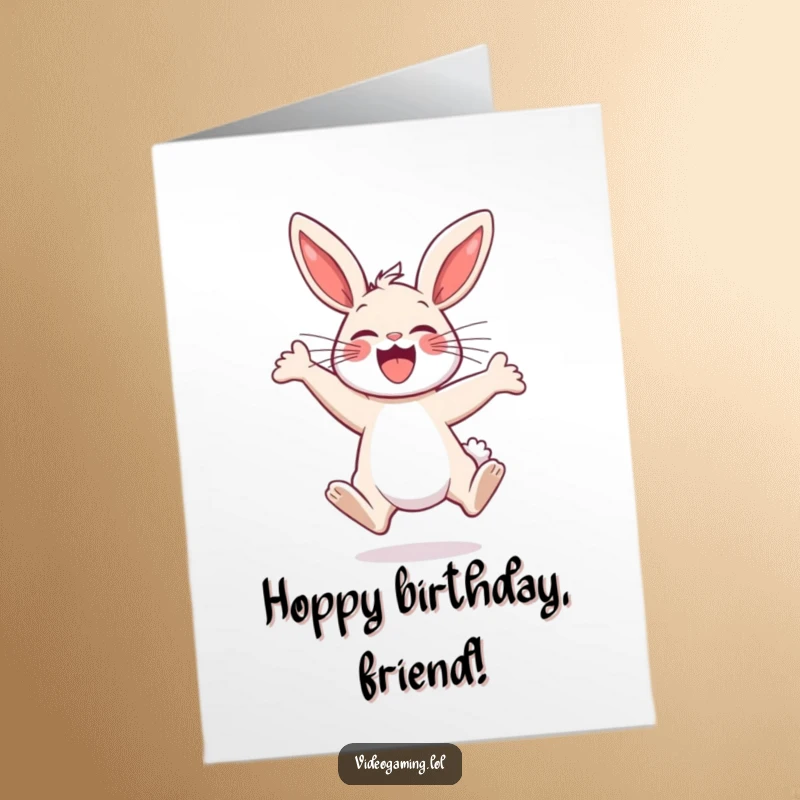 Funny Free Printable Birthday Card: A deliriously happy bunny mid-jump, radiating pure, unadulterated excitement, perfect for celebrations.