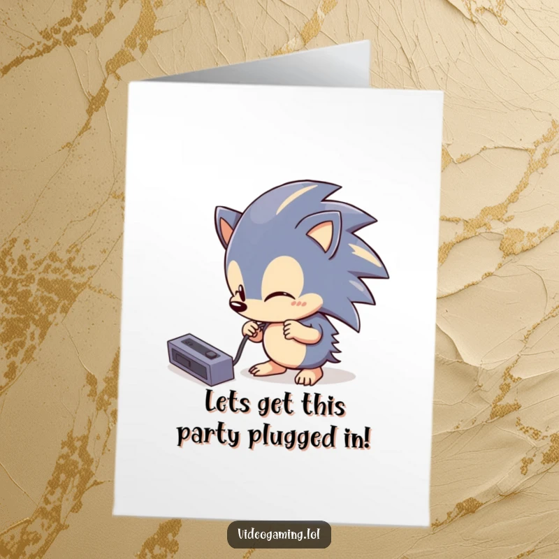 Funny Free Printable Birthday Card: A curious hedgehog fumbles with a console cable, creating a humorous birthday wish.