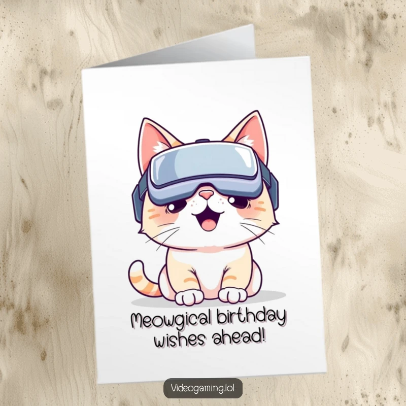 Funny Free Printable Birthday Card: Smiling cat in VR headset, lost in a virtual world, ready to party.