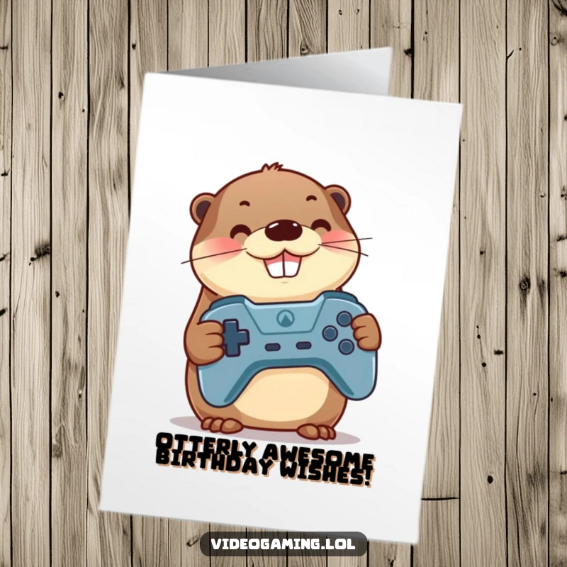 Funny Free Printable Birthday Card: Proud otter gamer with controller grinning, ready for epic wins and birthday fun.