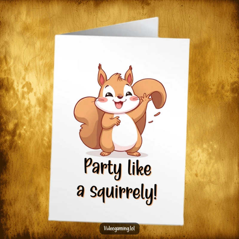 Funny Free Printable Birthday Card of an ecstatic squirrel performing a victory dance with pure joy.