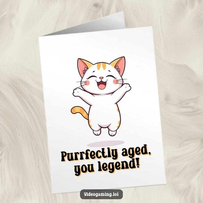 Funny Free Printable Birthday Card: Excited cat jumping with joy, celebrating a special day, downloadable and unique.