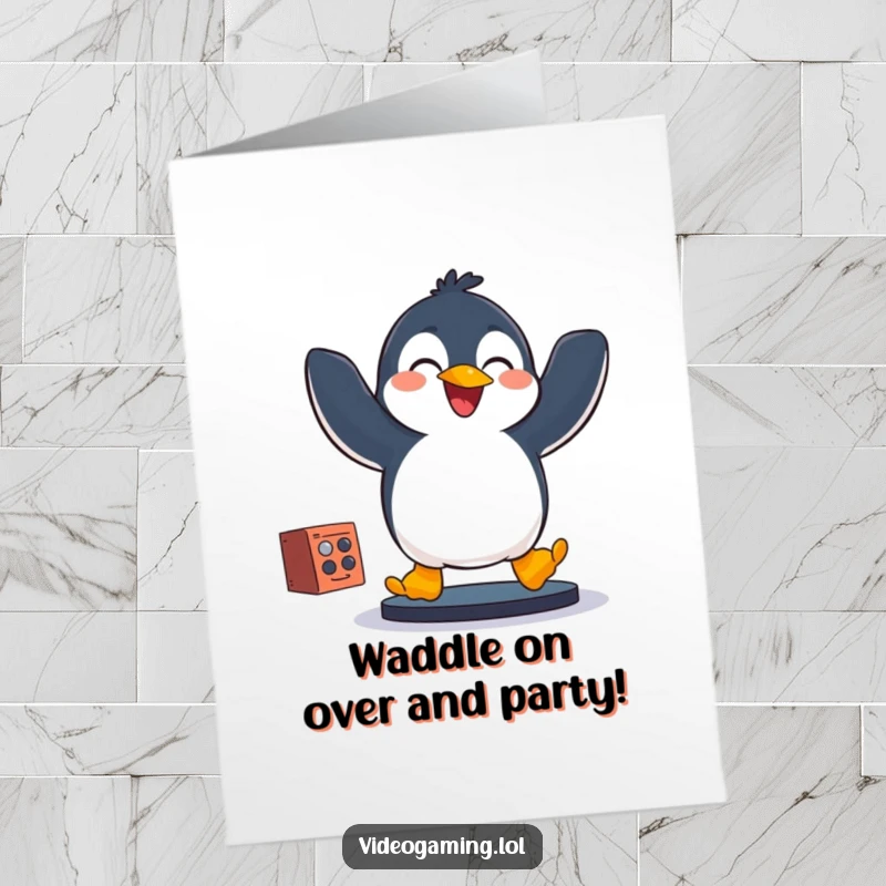 Funny Free Printable Birthday Card: A joyful penguin leaps with excitement while engrossed in playing a video game.
