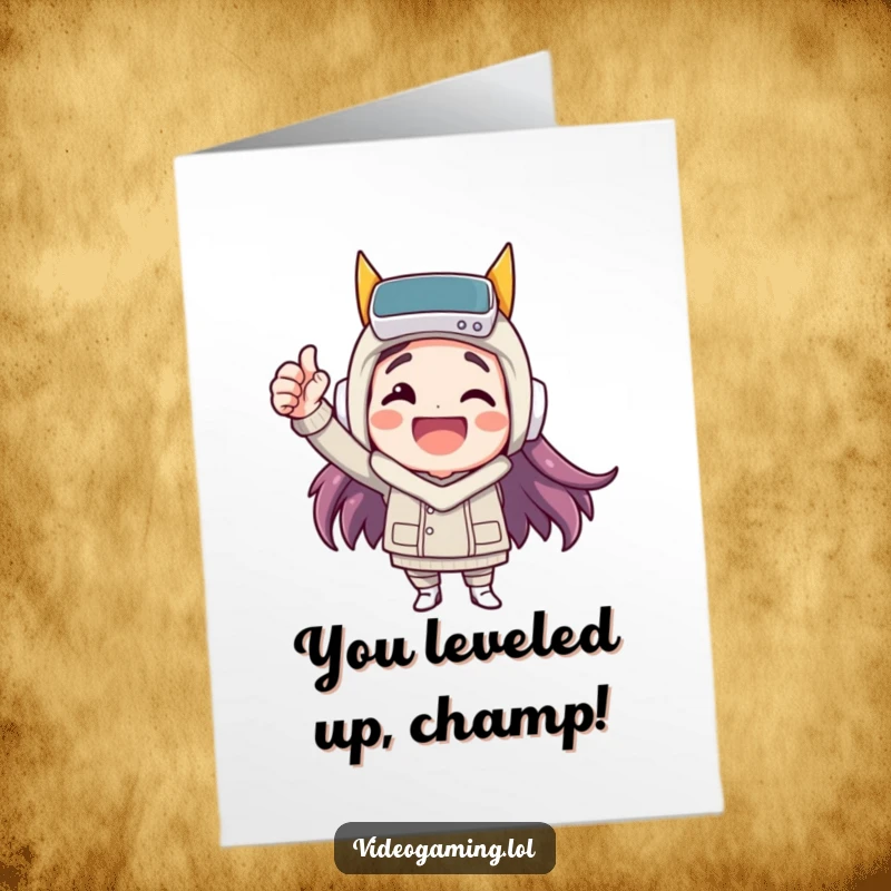 Funny Free Printable Birthday Card showing a happy character triumphantly pumping their fist after a virtual victory.